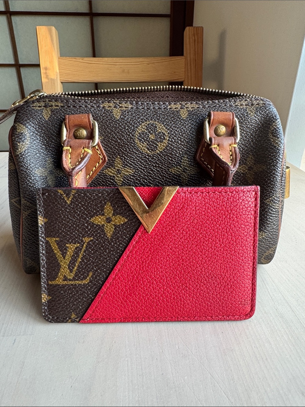 Louis Vuitton Brown Monogram & Red Leather Card Holder